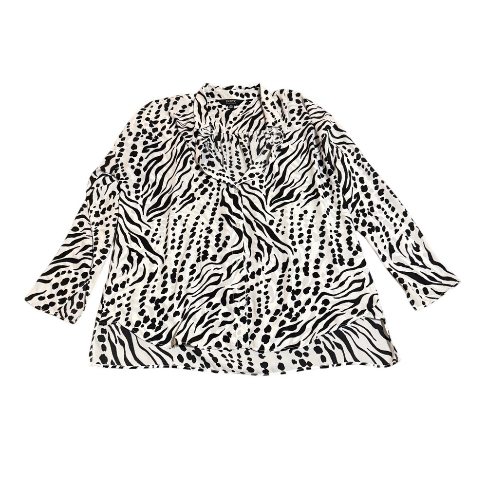 IMNYC Isaac Mizrahi Size Medium Women Blouse White Black Animal Print Careerwear